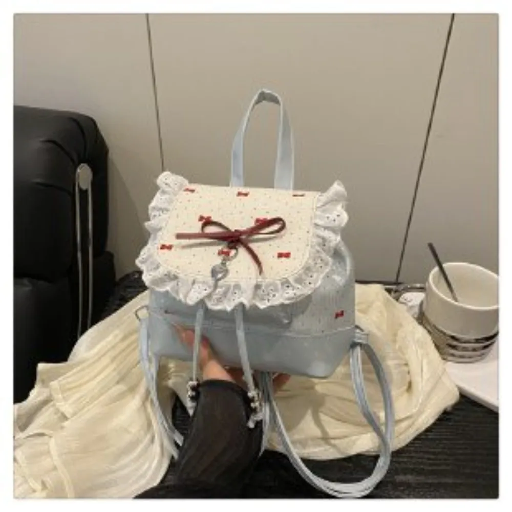 Shopping Lace Trim Butterfly Knot Backpack Mini Size Casual Polka Dot Backpack Trendy Lightweight Sweet School Bag School
