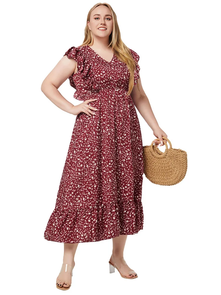 GIBSIE Plus Size Ditsy Floral V Neck Ruffle Hem Dress 2024 Boho Summer Women Holiday High Waist A-line Pockets Long Dresses