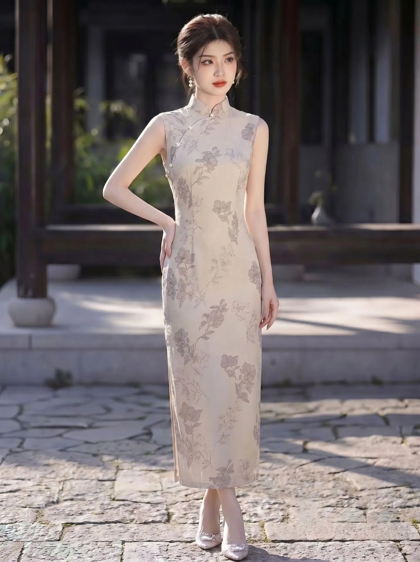 

Beige Print Flower Chinese Style Stand Collar Women's Cheongsam Youthful Dress Sleeveless Qipao