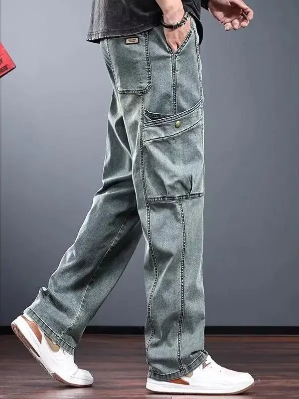 

American Retro Workwear Casual Elastic Waist Jeans Men's Spring Autumn New Multi-ket Vintage Straight Leg Pants