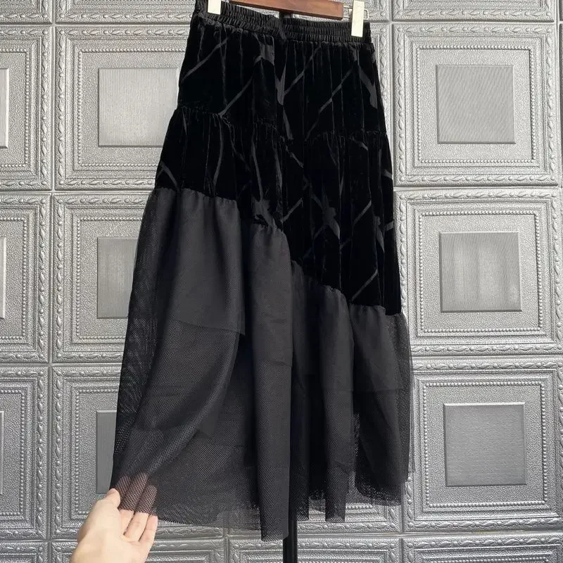 Patchwork Vintage Long Skirts for Women Jupe Y2k Skirt Velvet Black Faldas Mujer Moda 2025 High Slim Street Lace Mesh