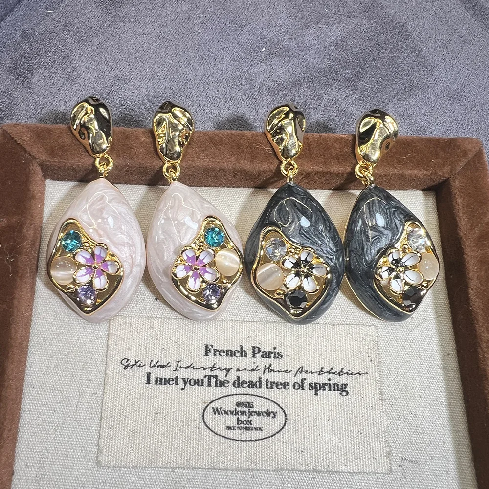 French retro drip glaze flower stud earrings female niche design sense senior temperament celebrity light luxury water drop earr