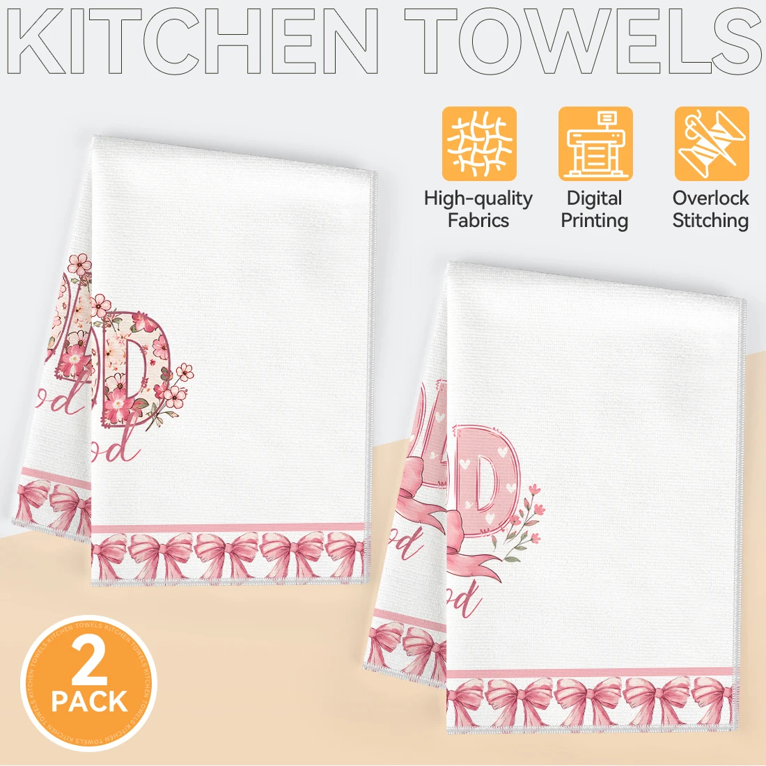 2pcs Set Kitchen Towels Pink Floral Bow Text DesignHand Towels Christmas Decorations For Home Noel Dish Towels Gifts