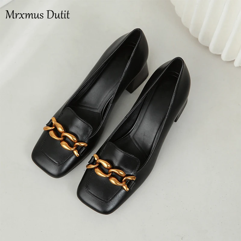 Mrxmus 2023 New Spring Summer Fashion Genuine Leather Square Head Metal Chain Chunky Heel High Heel Shoes Simple Casual Women