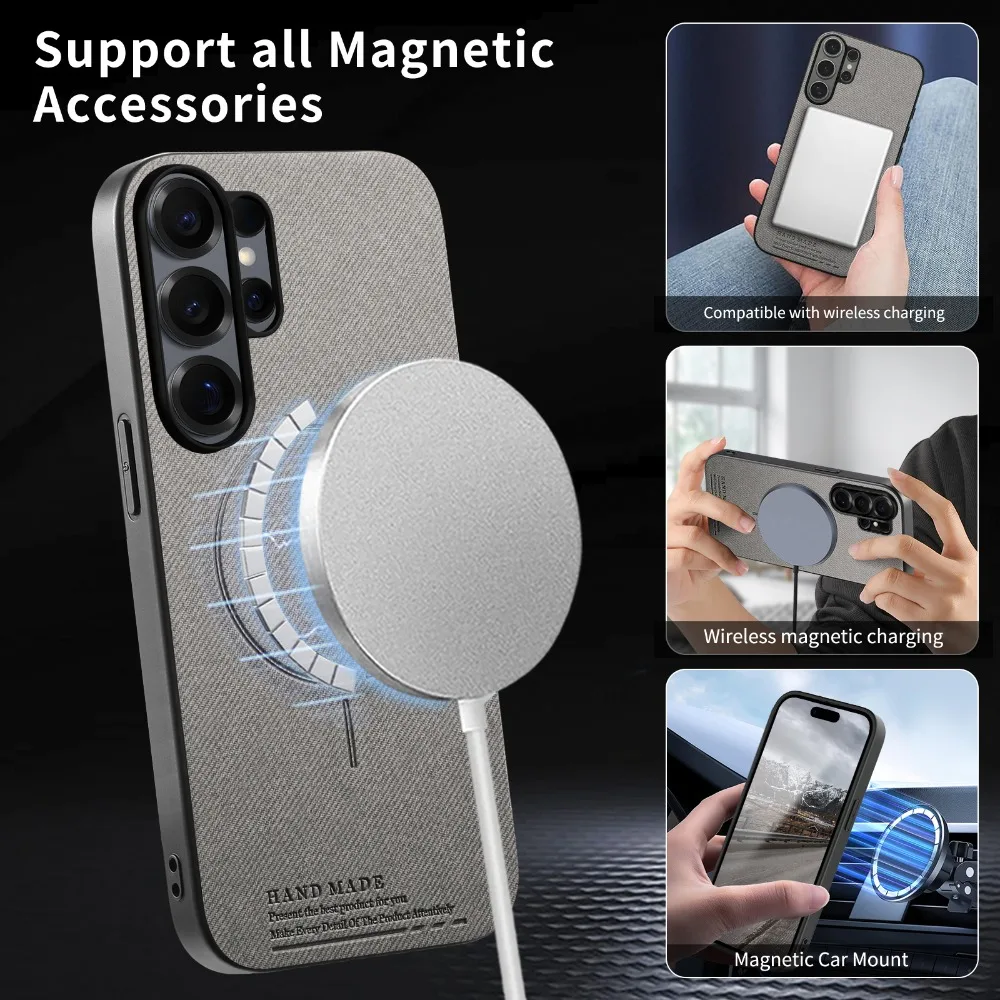Luxury Wireless Charge Frosted Leather Panel Case for Samsung Galaxy S26 Ultra S25 Edge S24 FE S23 Plus Soft Frame Protect Cover