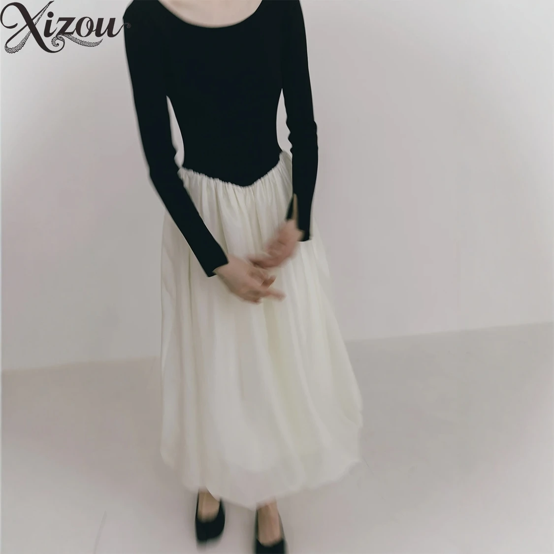 Ballet Women Dress Soft Patchwork Color Block High Waist Slim Fit Knitted Long Fairy Dress Elegant 2025 Spring Autumn Japanese