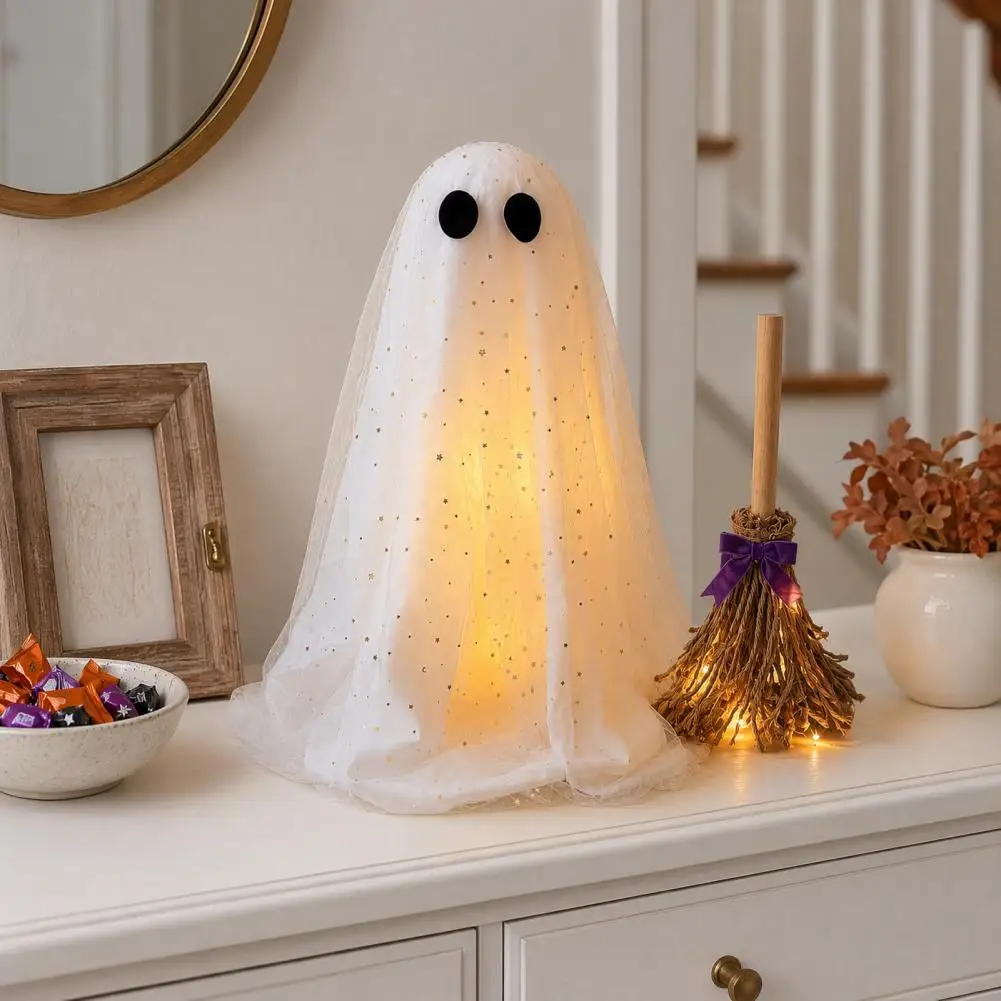 Round-eyed Ghost Figure Halloween Ghost Decoration with Broom Spooky Sequins Mesh White Ghost Adjustable Standing for Home