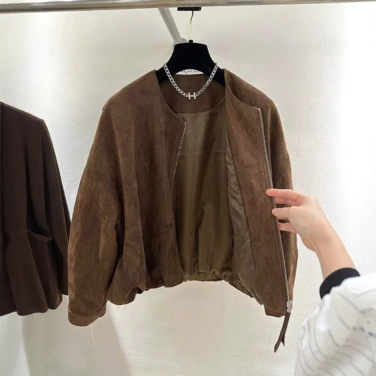 High-End European-Style Autumn New Loose-Fitting Slimming Retro Suede Round-Neck Zip-Up Jacket Stylish Top for Women
