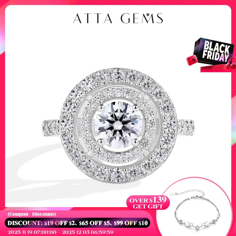 

ATTAGEMS Full D Color VVS1 Luxury Moissanite Ring Round Cut 1.0CT S925 Sterling Silver Engagement Wedding Jewelry Gift for Women