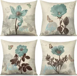 4PC Linen cushion cover for home decoration, sofa, bedroom, car pillow cover (blue flower, 40x 40)