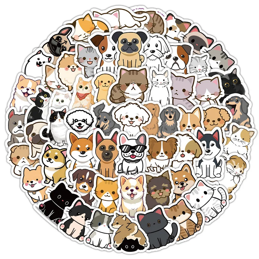 100PCS Cartoon Cute Hand Drawn Cats and Dogs Waterproof Graffiti Stickers for Helmet Bicycle Hand Account Pencil Case Decals