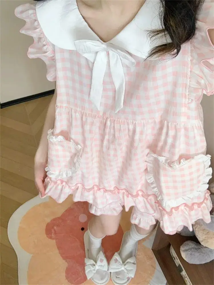 

Women's Pink Plaid Lolita Pajama Set Bow Collar Ruffle Trim Sleeveless Cami + Shorts Sweet Summer Loungewear Two Piece Sleepwear
