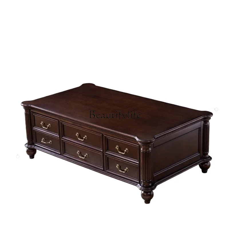

2 yj15 American Retro Solid Wood Coffee Table Living Room Multi-Drawer Storage Rectangular Coffee Table Solid Wood Furniture
