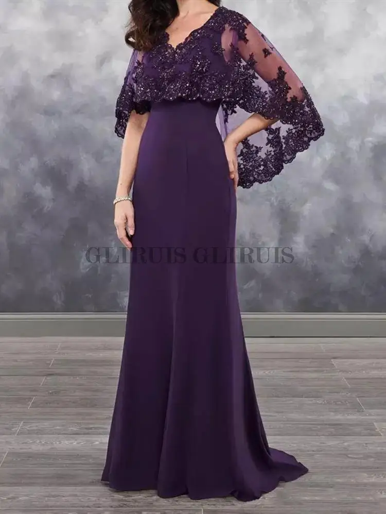 Vestido largo púrpura con capa para madre de la novia, chal envolvente, lentejuelas brillantes, encaje, fiesta de boda, vestidos de noche para madre del novio