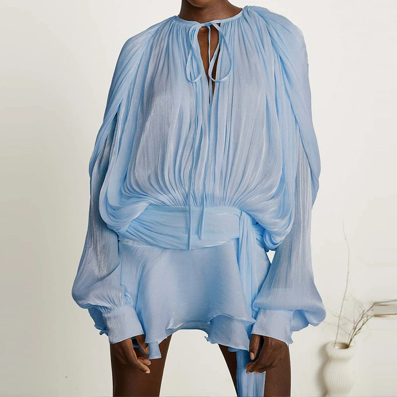 Pakaian Rok Lipit Bertekstur Elegan Wanita Atasan Lengan Panjang Leher-o Kasual dengan Setelan Rok Mini Set Pesta Solid Bertali Elegan