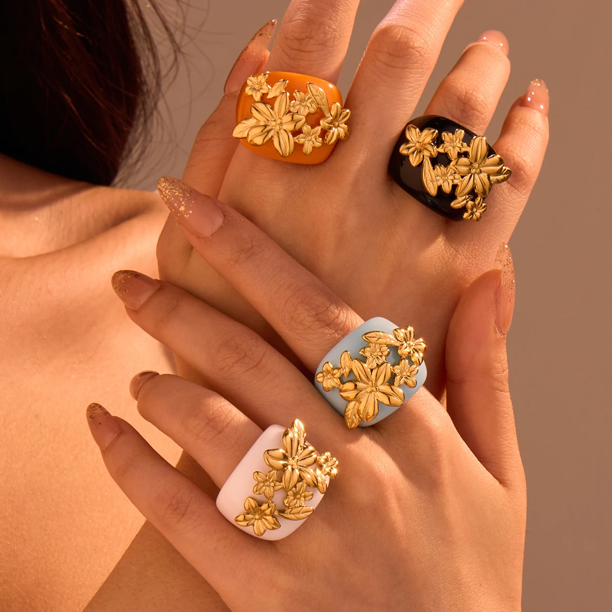 NIMAI Exaggerated Resin Large Rings Colorful Flower Stainless Steel Finger Jewelry for Spring Summer Accessory