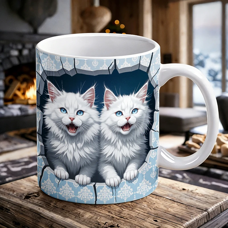 

Adorable White Cats in Blue Damask Print - Perfect for Home Decor printed Mug Coffee Cup Ceramic Cup