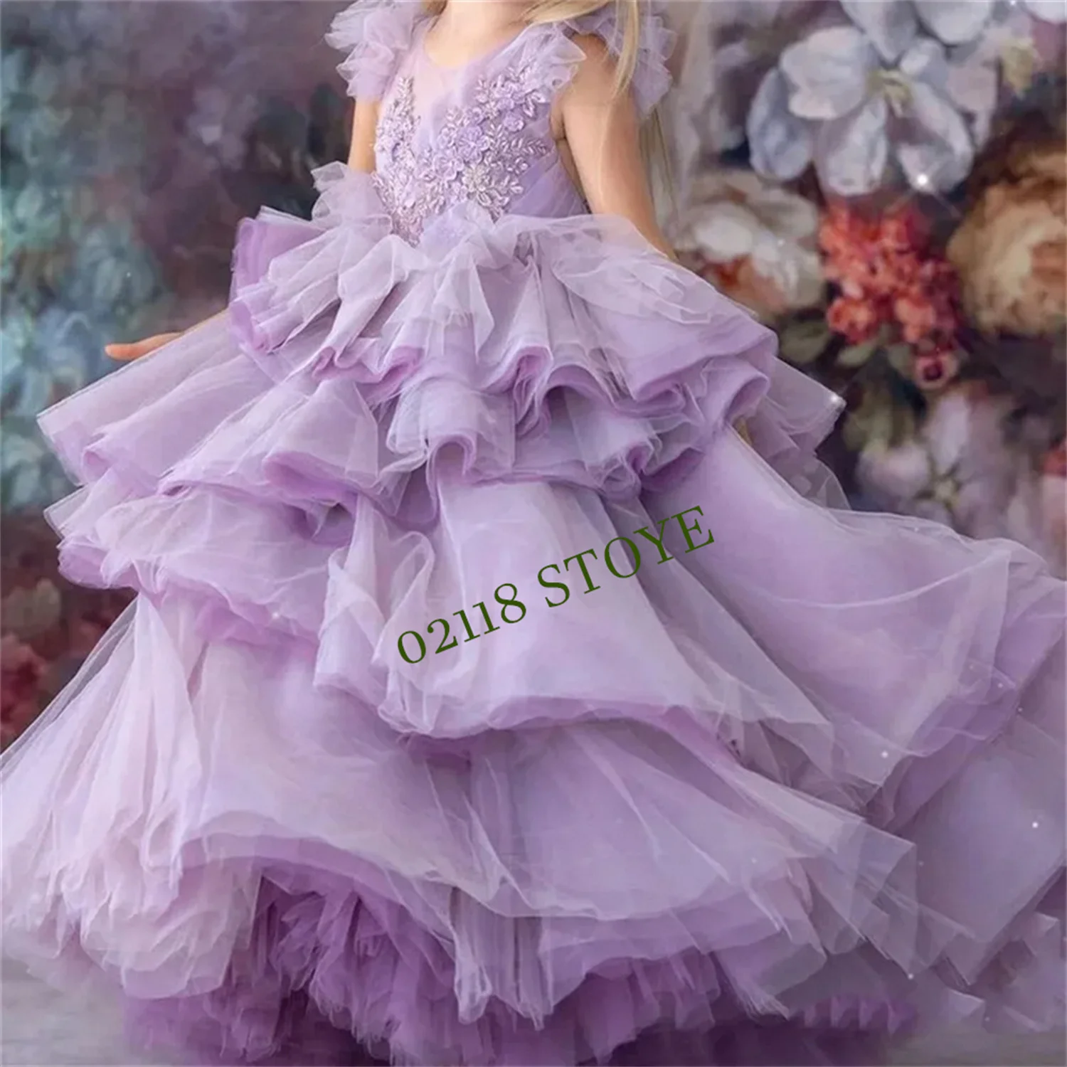 

Round Neck Sleeveless Appliqué Flower Girl Dress Ball Gown Princess Formal Elegant Child Party Dresses Full Of Layers Communion