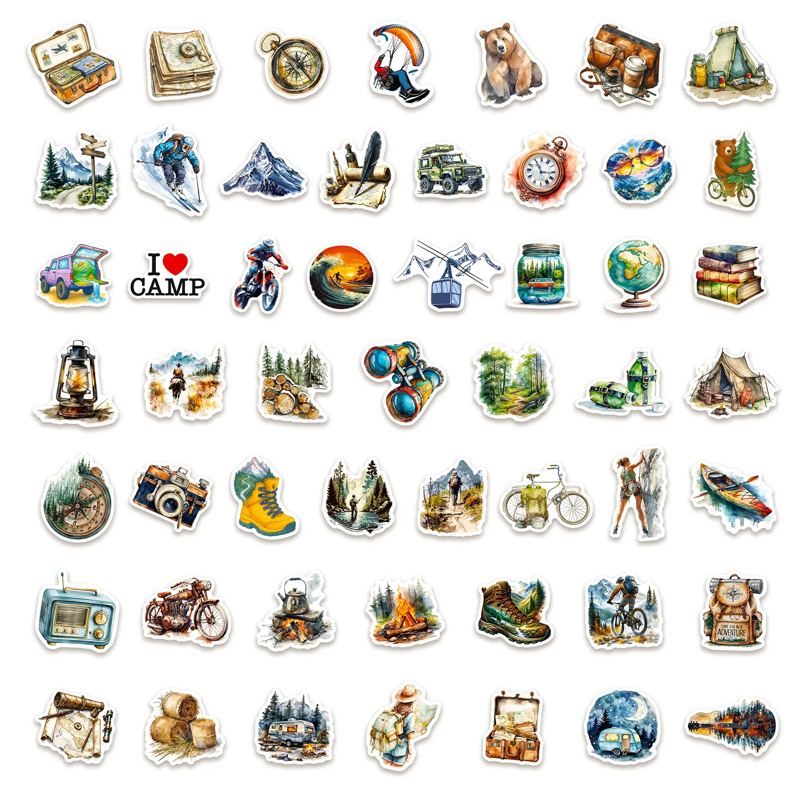 50 Pcs Outdoor Watercolor Camping Stickers Summer Adventure Waterproof Vinyl Decals for Laptop Luggage Water Cup Gift