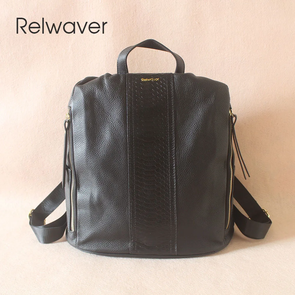 Relwaver genuine cow leather backpack python stripe black women backpack 2023 autumn winter female soft back open big backpack