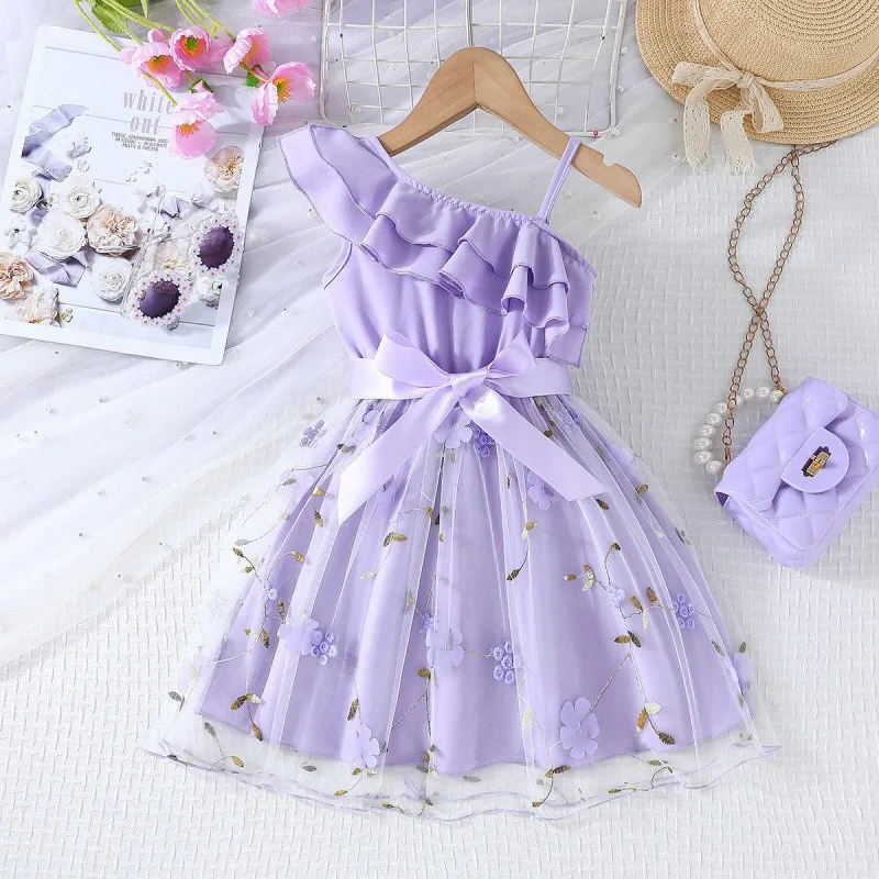 Girls Baby England Style Dresses Kids Lotus Leaf Sloping Shoulder Suspender A-line Skirt Summer Children Fashion Party Clothes