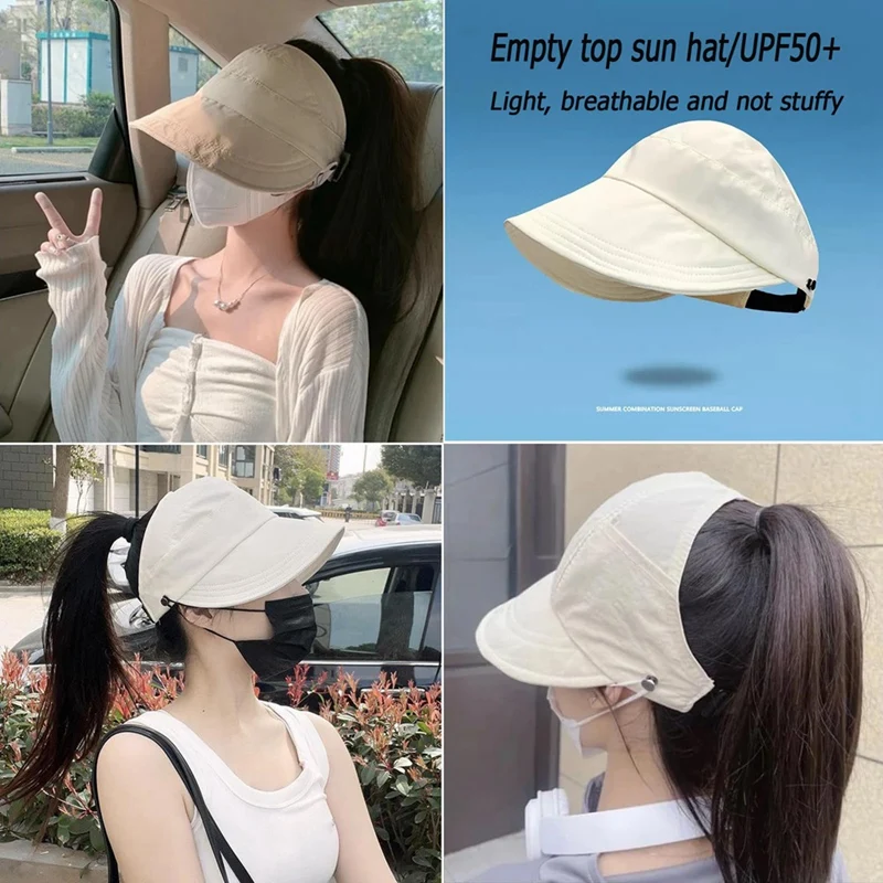 Topi matahari atas kosong untuk wanita, topi pelindung UV luar ruangan tepi lebar berongga hitam & PUTIH