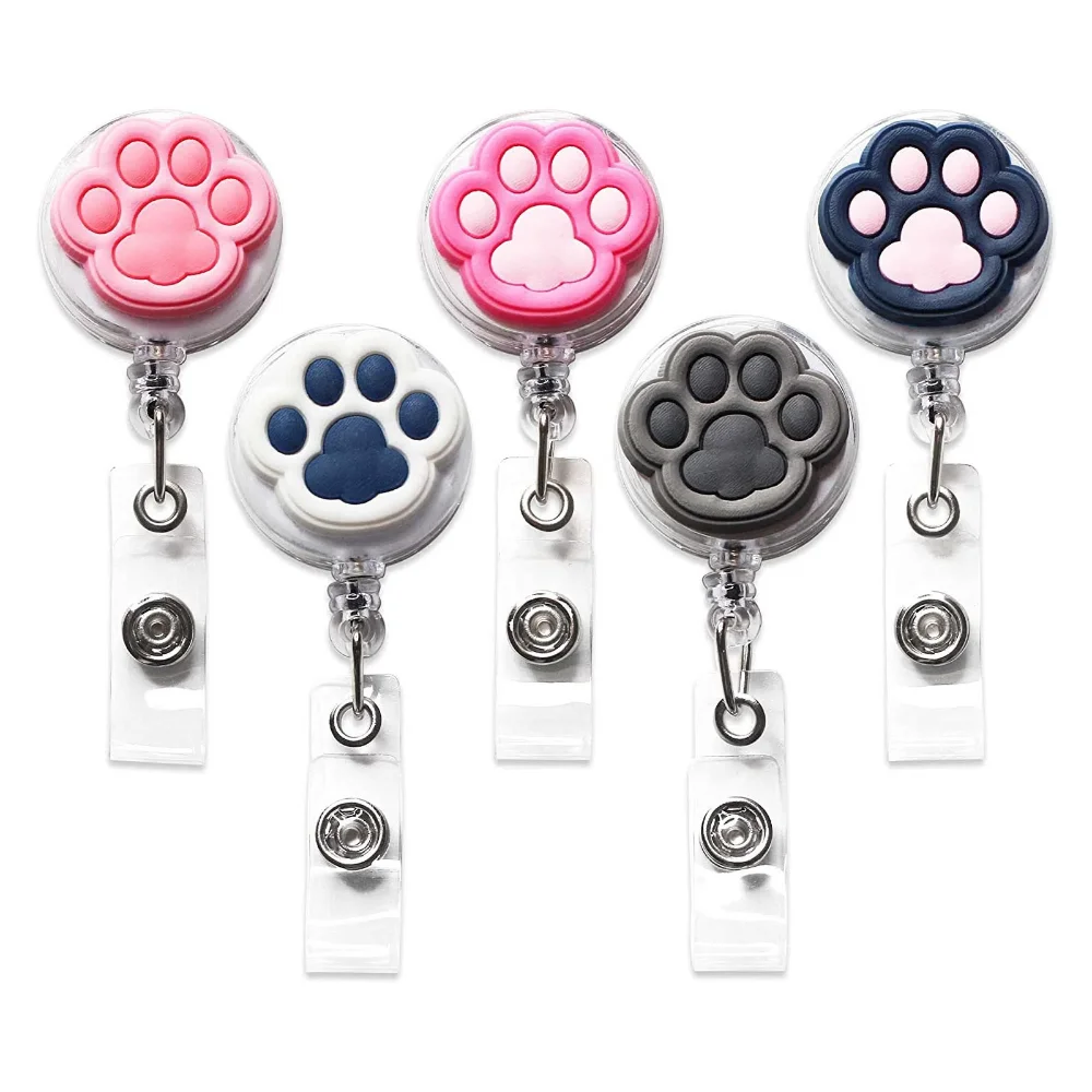 Retractable Id Badge Holder Retractable Cat Paw Badge Reel Swivel Alligator Clip Compact Silicone Plastic Badge Clip For Factory