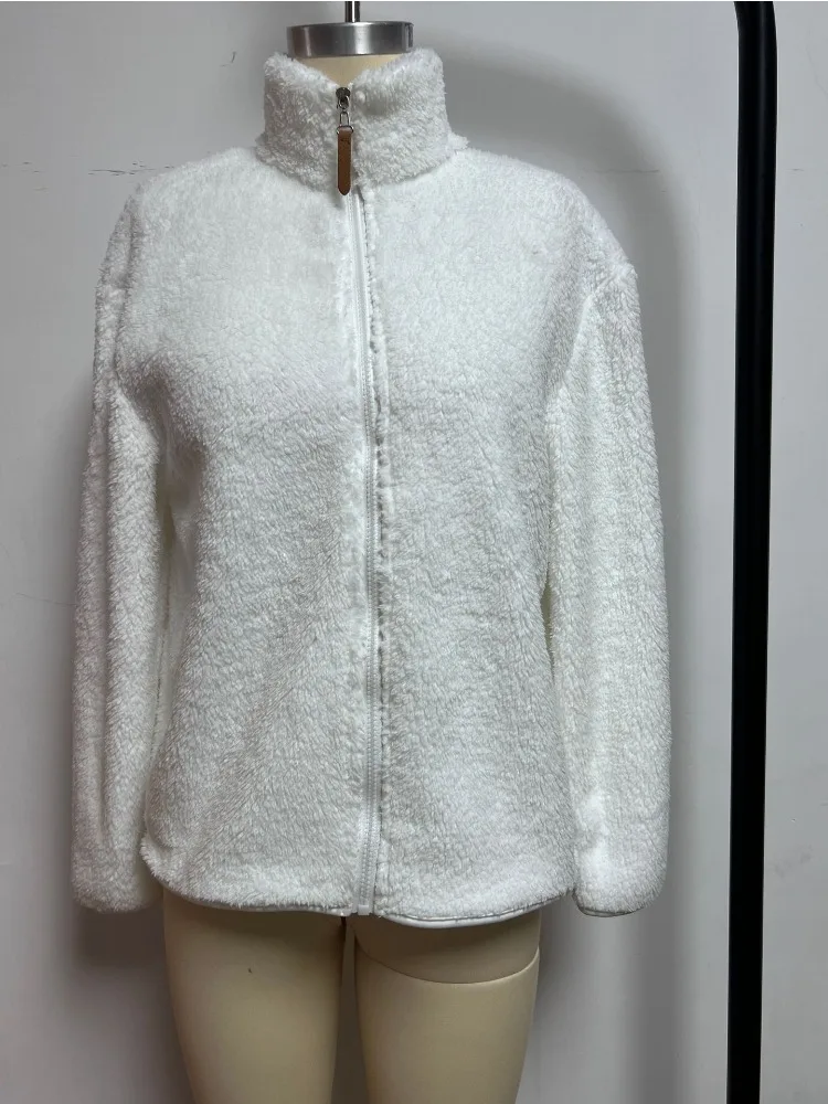 Chaqueta corta blanca de piel sintética para mujer, abrigos holgados de felpa con cremallera, chaquetas peludas de manga larga, abrigo esponjoso cálido y elegante para invierno