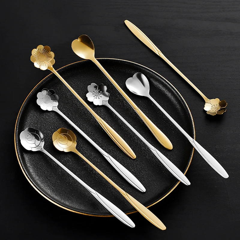 1Pcs Coffee Spoon Stainless Steel Cherry Blossom Rose Creative Long Handle Gold-plated Flower Spoons Kitchen Accessories