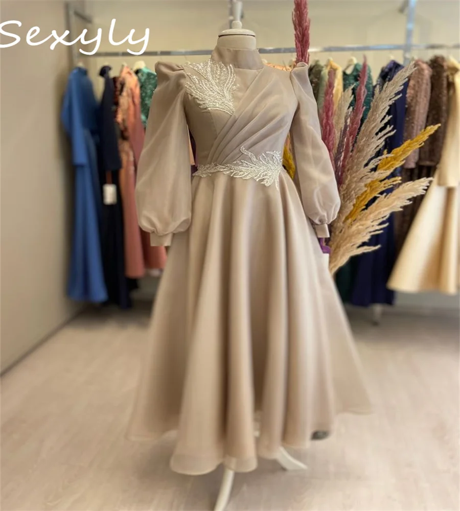 Custom Champagne Muslim Evening Dress 2023 Elegant High Neck Midi Prom Wear Long Sleeve Applique A Line Formal Maxi Turkey Dress