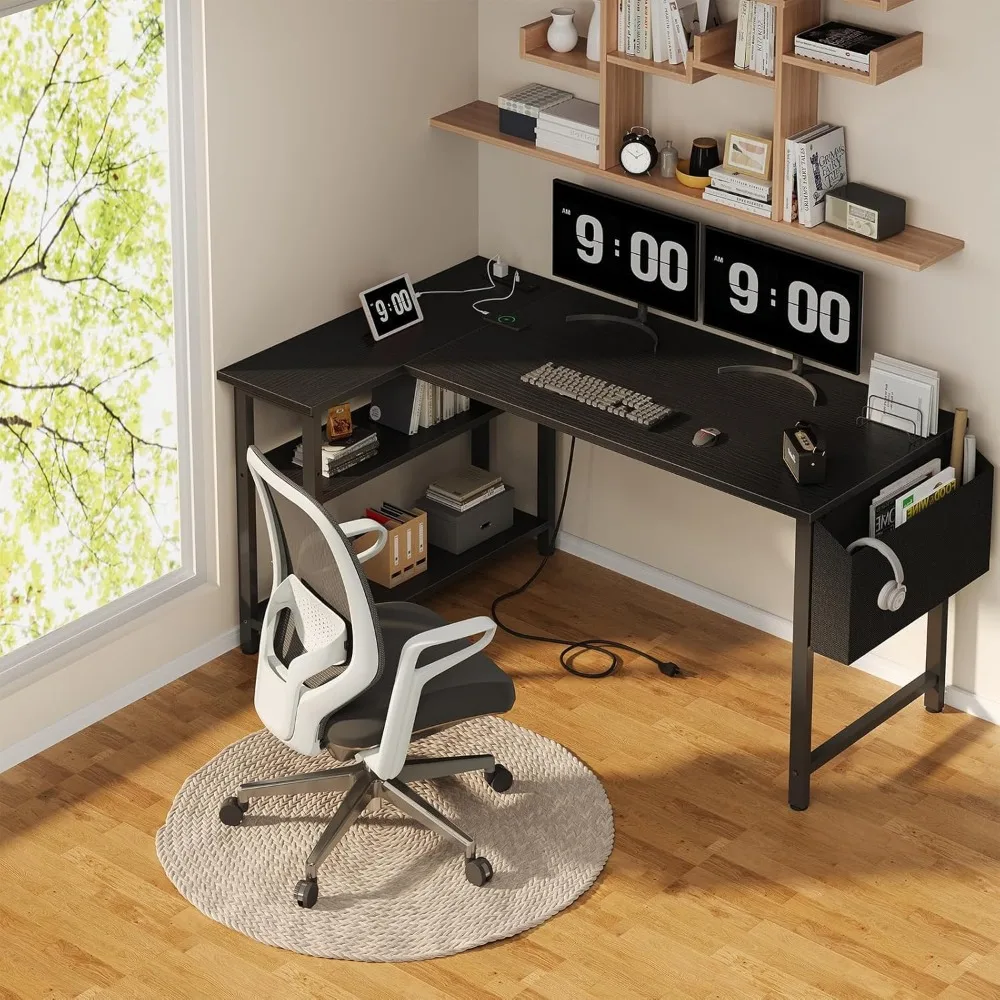 L-Shaped Computer Desk 47 Inch for Home Office, Corner Study Writing Desk with Power Outlet Shelves, Bedroom Office Furniture