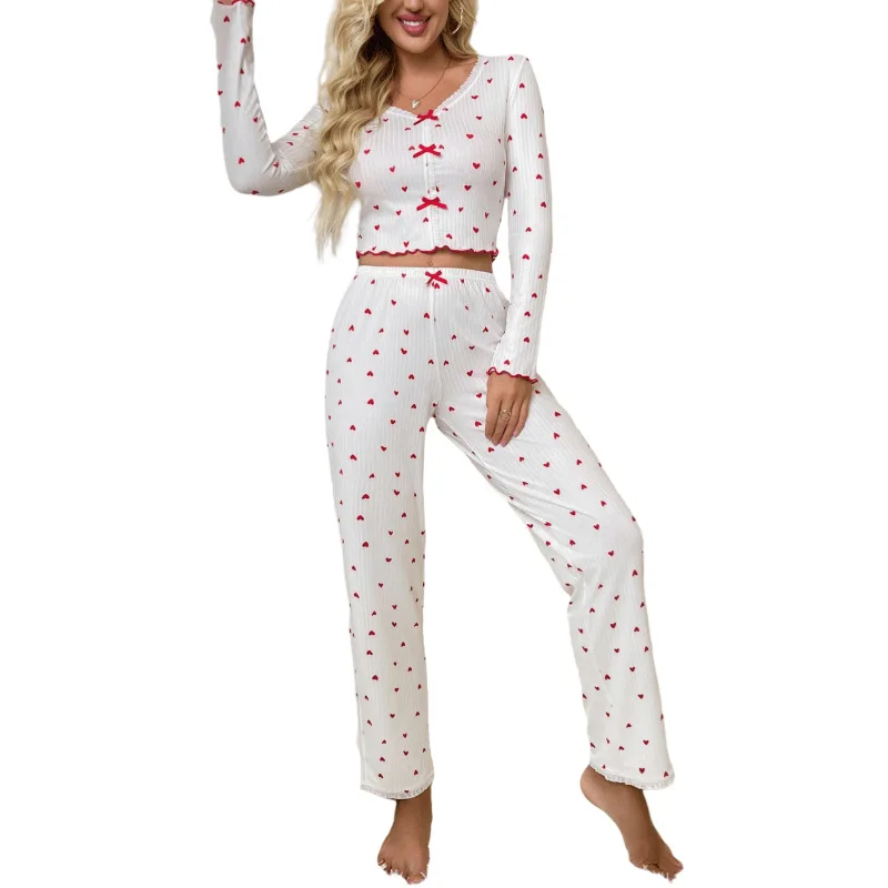 Home Wear Printed Heart V-neck Long-sleeved Pajamas for Women Long-sleeved Long Pants Two-piece Suit