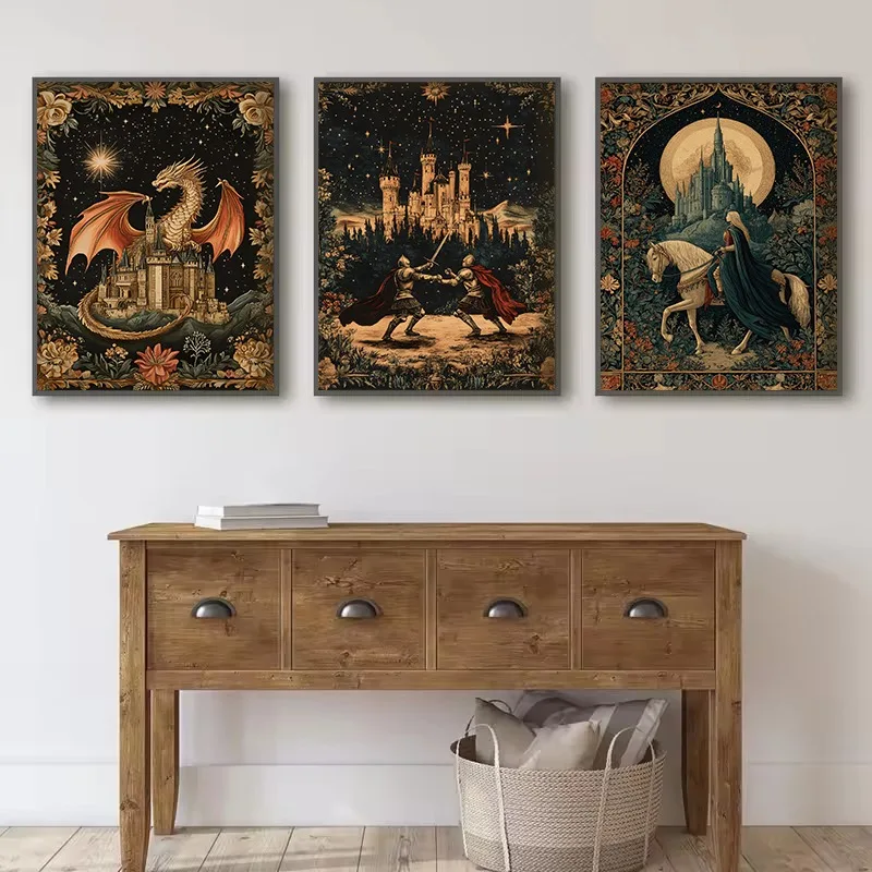 Vintage Renaissance Medieval Knight Epic Sword Fight Fantasy Castle Dragon Poster Canvas Painting Wall Art Pictures Home Decor