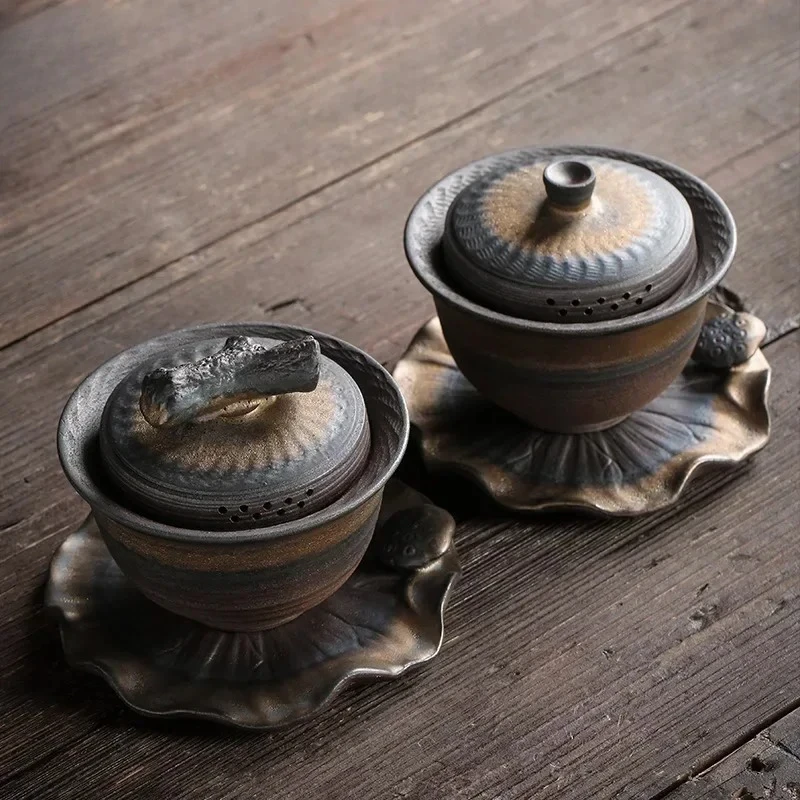 The Hand Knife Jumping Teapot Teacup The Iron Glaze Tea Bowl Sopera De Ceramica Coarse Pottery Tea Set Gaiwan Ceramic