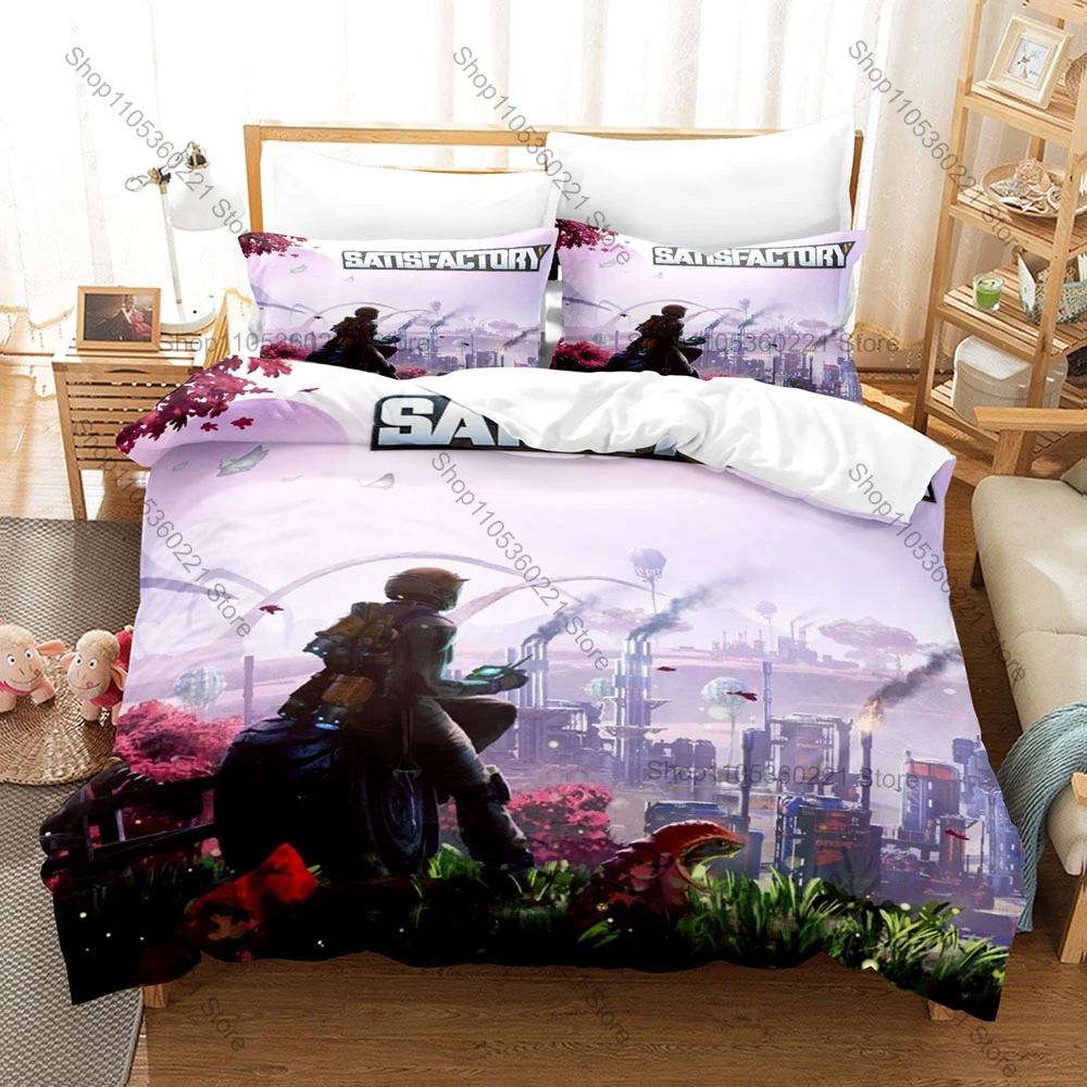 

Satisfactory 3PCS Bedding Set Factory Game Print Soft Microfiber Duvet Cover Pillowcase Home Decor Game Art Print Stylish