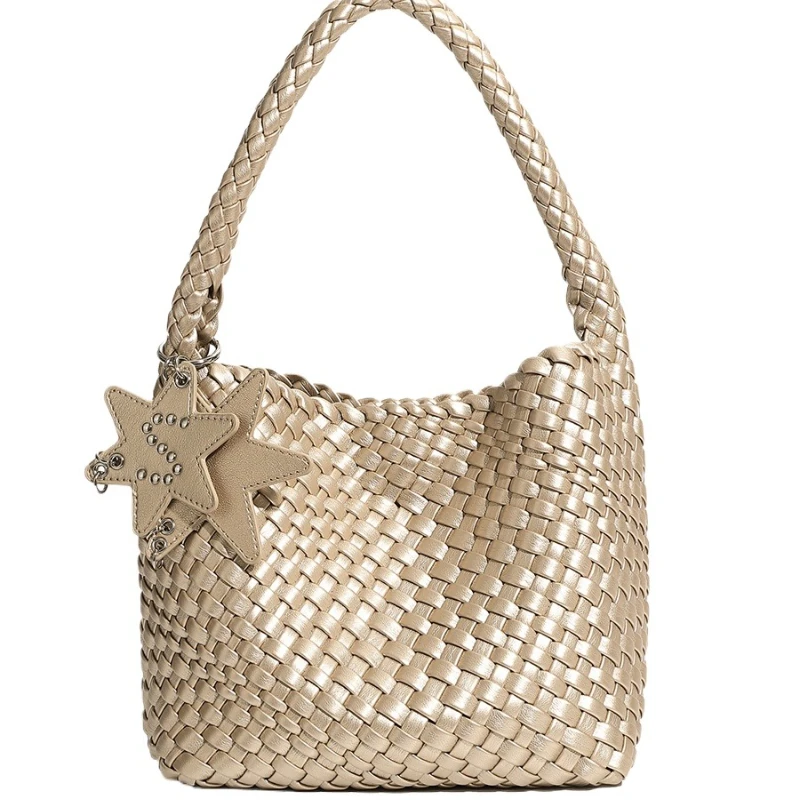 

Тканая сумка цвета шампанского ручной работы, повседневная сумка-ведро на одно плечо, винтажная мягкая сумка из искусственной кожи с подкладкой из полиэстера