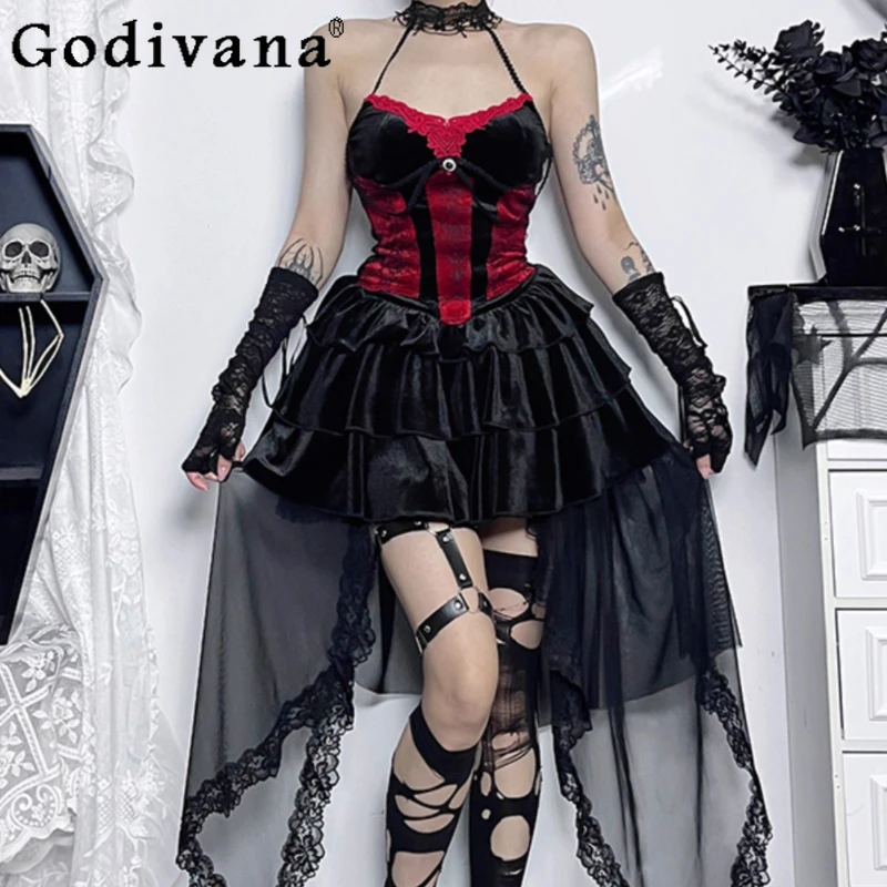 

Gothic Style Performance Outfit Set for Women Rock Style Red and Black Vest A Line Skirt with Tail Female Lolita Skirt Suits