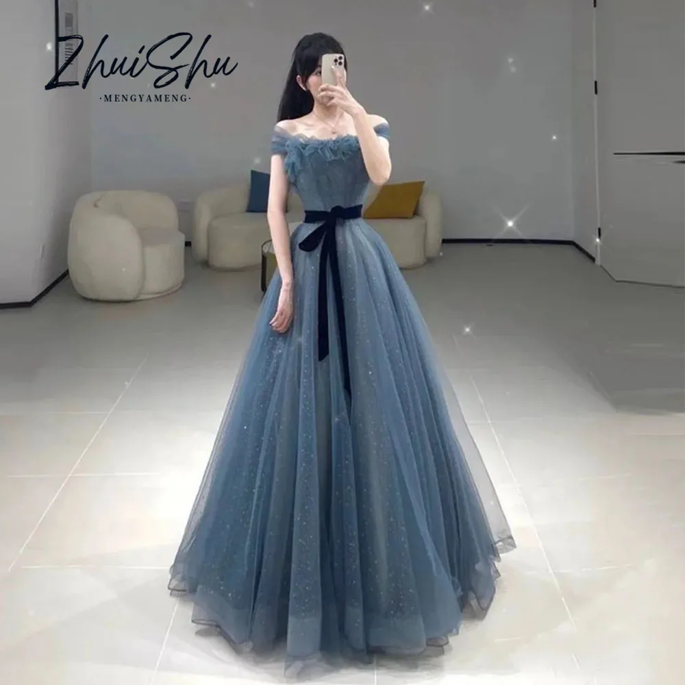 Fairy Sparkly Tulle Evening Dress Korean Wedding Photo Shoot Blue Strapless A line Long Corset Party Dress Customized