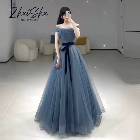 Fairy Sparkly Tulle Evening Dress Korean Wedding Photo Shoot Blue Strapless A line Long Corset Party Dress Customized