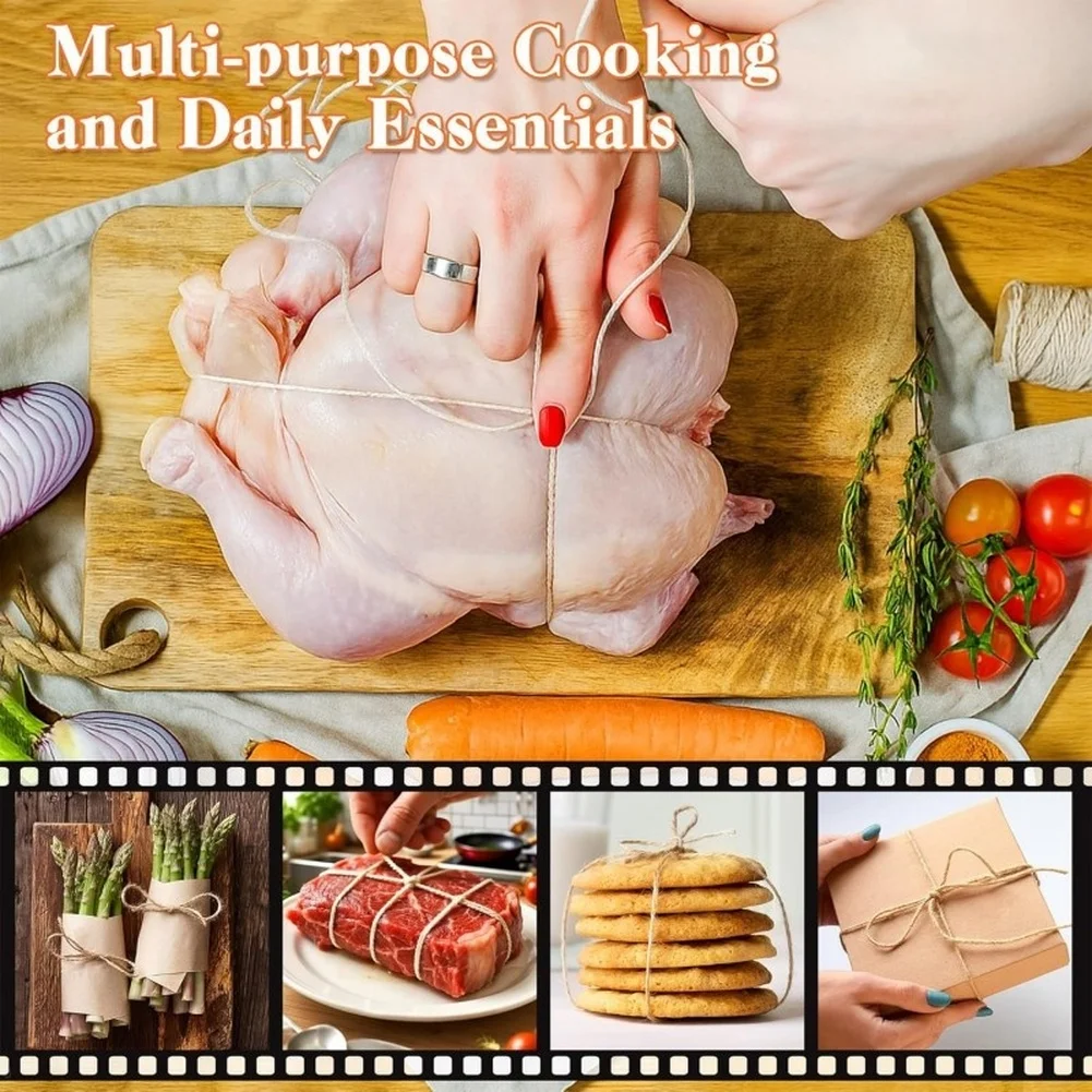 Stainless Steel Twine Dispenser with 2 Rolls 65M Cotton String for Cooking and Various For Kitchen Applications