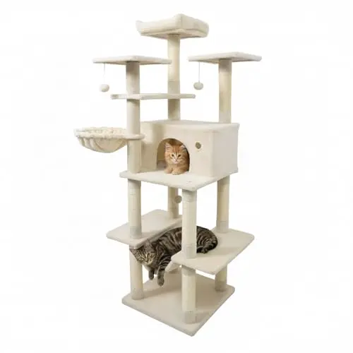 Tall Cat Tree, 63 Inch Large Cat Tower with Sisal Scratching Posts, Plush Top Perch, Condo, Hammock, Basket Bed