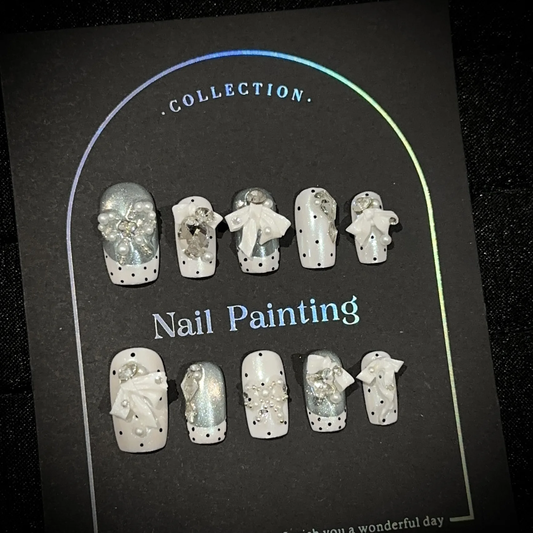 

10pcs White Moonlight Handmade Nails Pearl Bow Cat-Eye Press on Nail Medium Square Fake Nail for Women&Girl False Nail Art