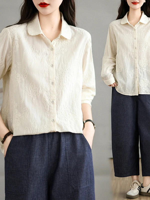 

Artistic Style Long Sleeve Women's Shirt Single Button Floral Embroidery Base Layer Trendy Casual Loose Fit Summer Top