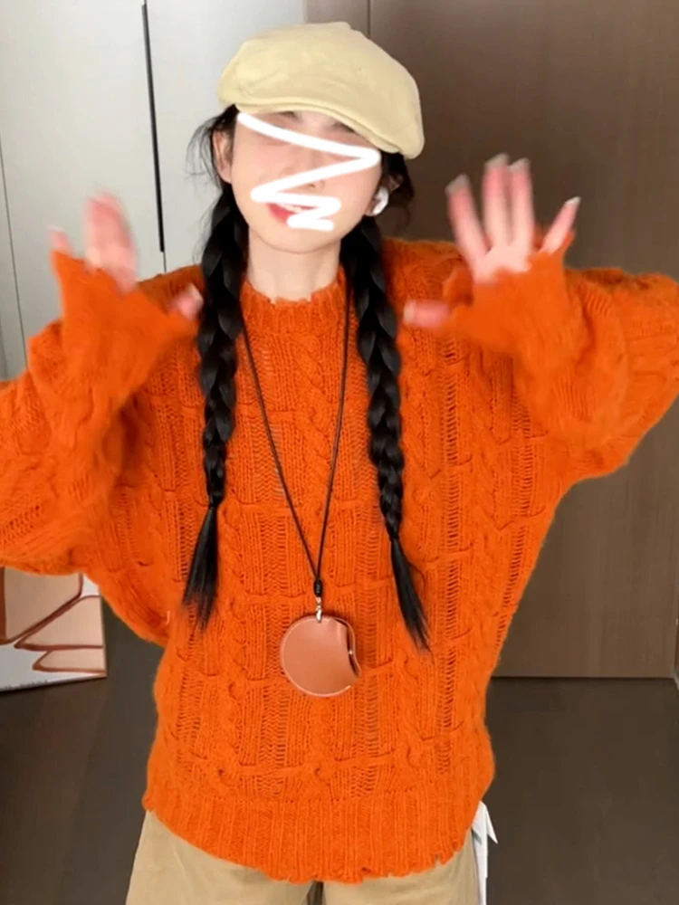 

Orange Twisted Knit Loose Women's Sweater Autumn Winter Korean Sle Lazy High Sensation Head over Heels Knitted Top