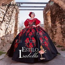 Mexican Black Ball Gown Quinceanera Dresses Sweet 16 Dress Flowers Embroidery Appliques Crystal Vestidos De 15  Customized
