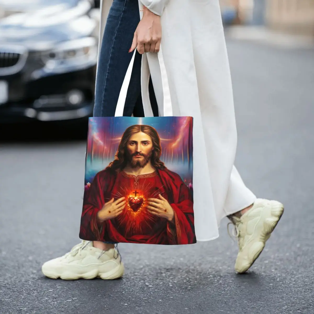 Holy Jesus Christ Sacred Heart Canvas Tote Handbag Religious Catholic Saint Grocery Bags Shopper Bags for Women