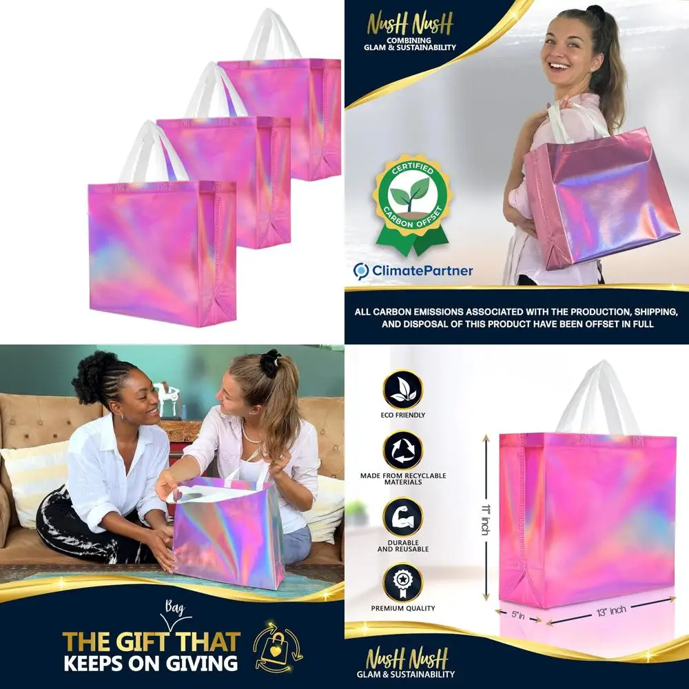 

Bulk Set of 60 Iridescent Pink Gift Bags with Handles - Ideal for Business, Birthdays, Christmas, and Party Favors - 13x5x11 Inc