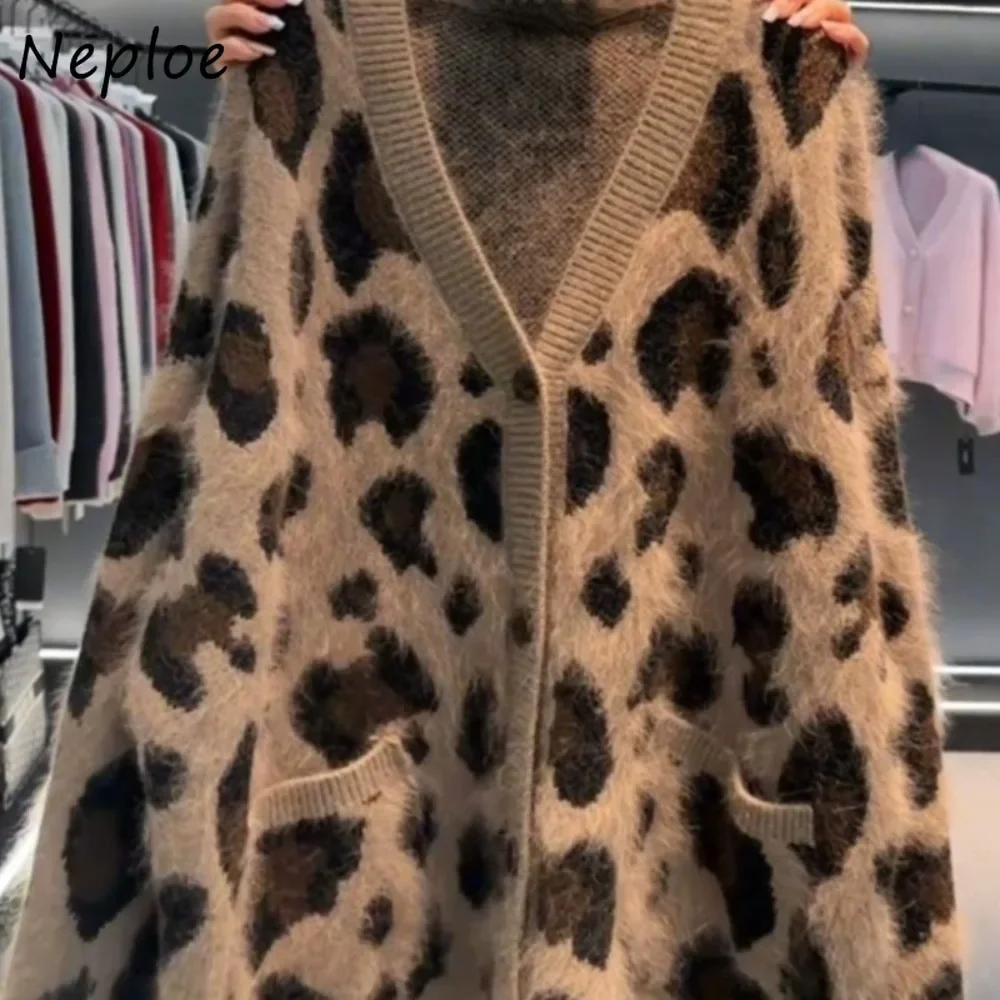 Neploe Loose Simple 2024 New Elegant Office Lady Cardigan Western Jacquard Leopard Sweaters V Neck Casual Exquisite Pull Femme