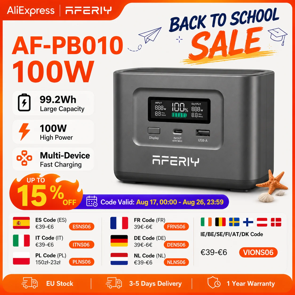 AFERIY Nano100 Tragbare Powerstation, 99,2Wh 100W Teleskopisches Typ-C-Kabel, 1,5h Vollaufladung, 3000+ Zyklen LiFePO4-Akku