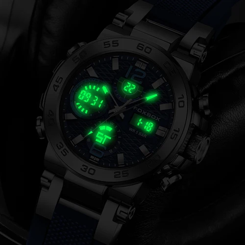 Imagen 2 del producto Reloj FOXBOX a la moda con pantalla Dual para hombre, reloj deportivo informal resistente al agua para hombre, relojes digitales analógicos luminosos de silicona para hombre